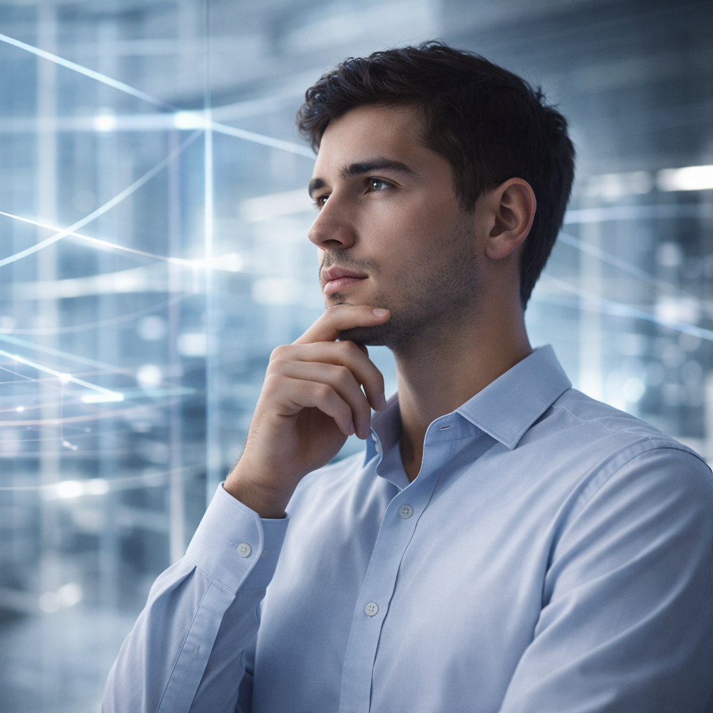 Young professional in a modern environment, focused and thoughtful, representing concentration and high mental performanc
