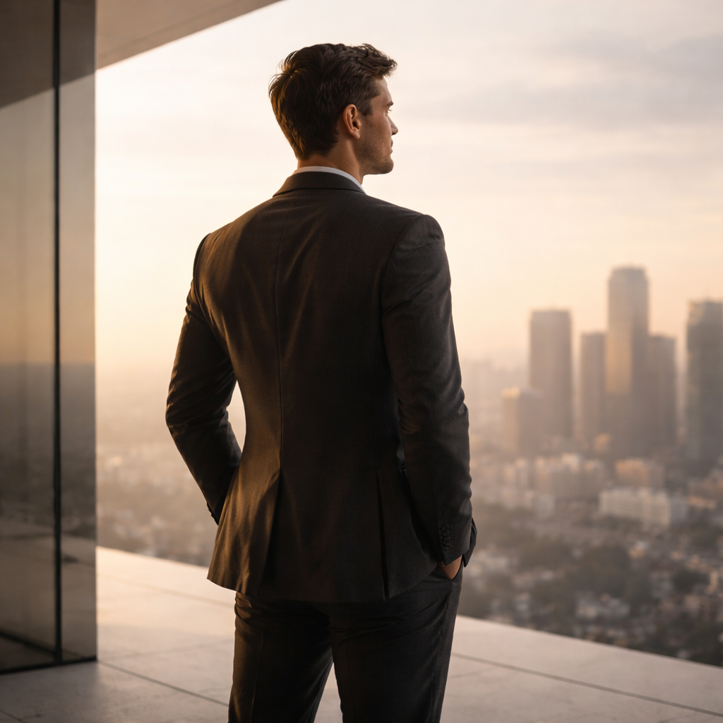 Confident figure standing in an elevated architectural space, symbolizing mastery and control.